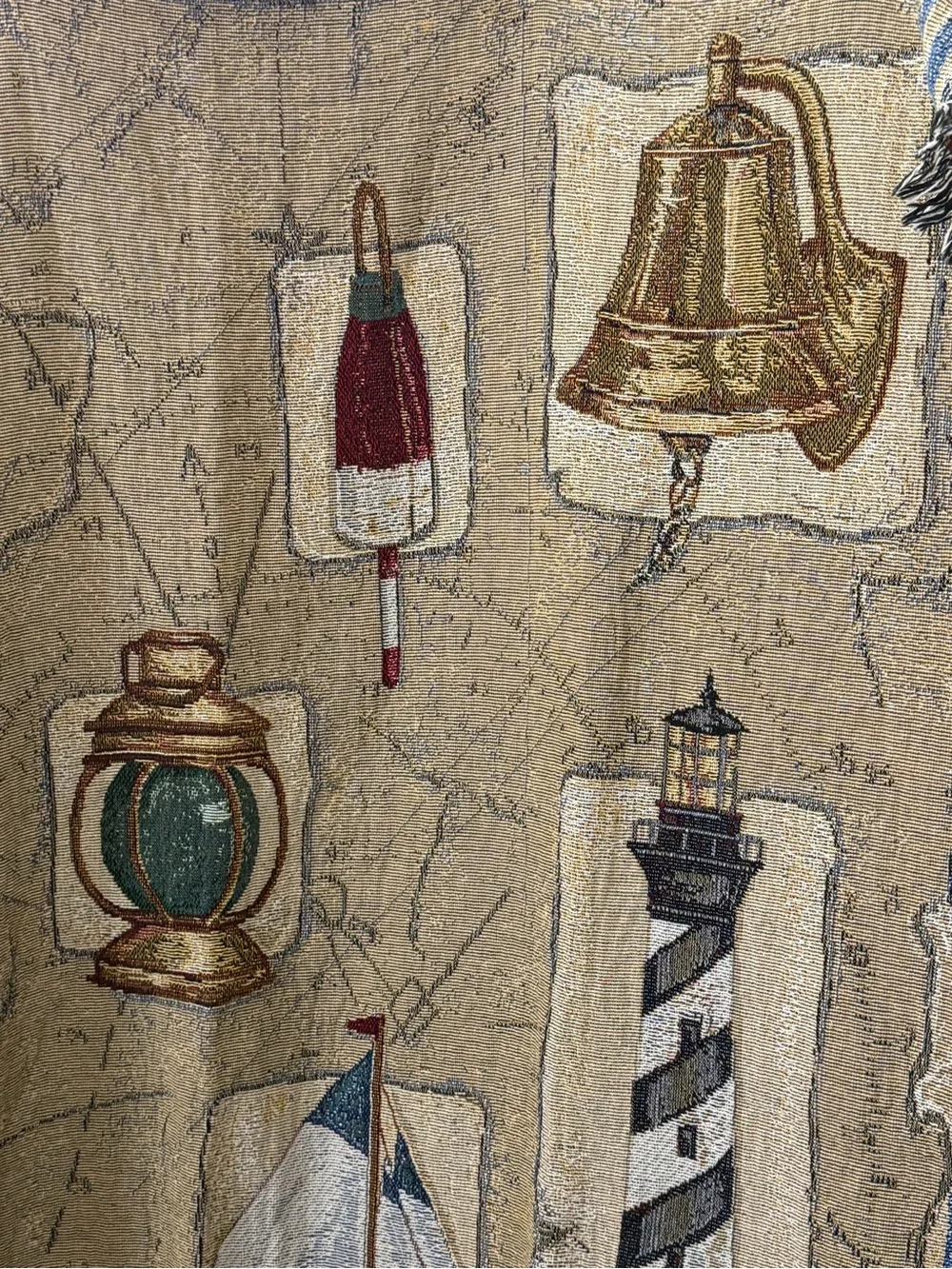 Nautical Tapestry Throw Blanket - Sailboat, Lighthouse & Bell Motif